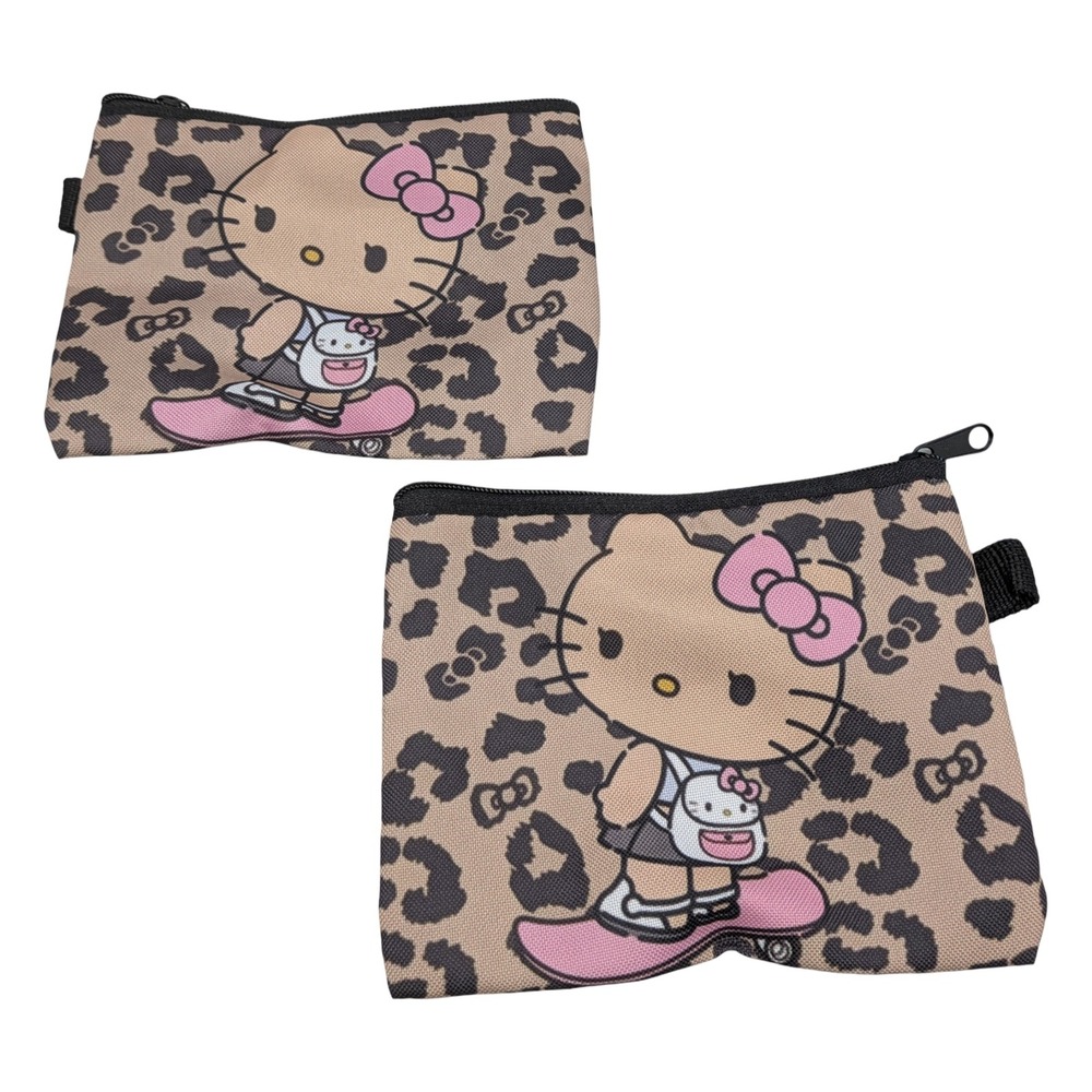 Lot 2x Sanrio Hello Kitty Leopard Print Skateboard Zipper Pouch Tan Pink Bag